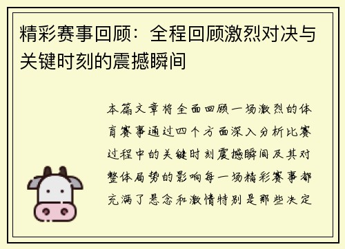 精彩赛事回顾：全程回顾激烈对决与关键时刻的震撼瞬间