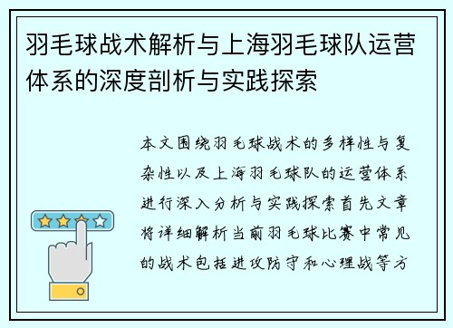 羽毛球战术解析与上海羽毛球队运营体系的深度剖析与实践探索